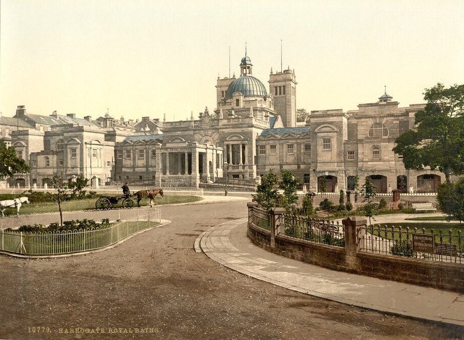 Harrogate Royal Baths around 1897, with a horse and carriage on the drive
