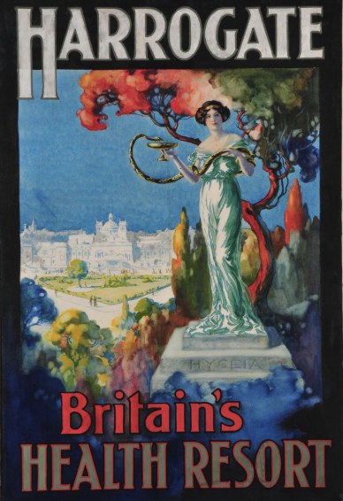 Poster reading Harrogate, Britain’s Health Resort, showing Hygeia, goddess of health, above the town