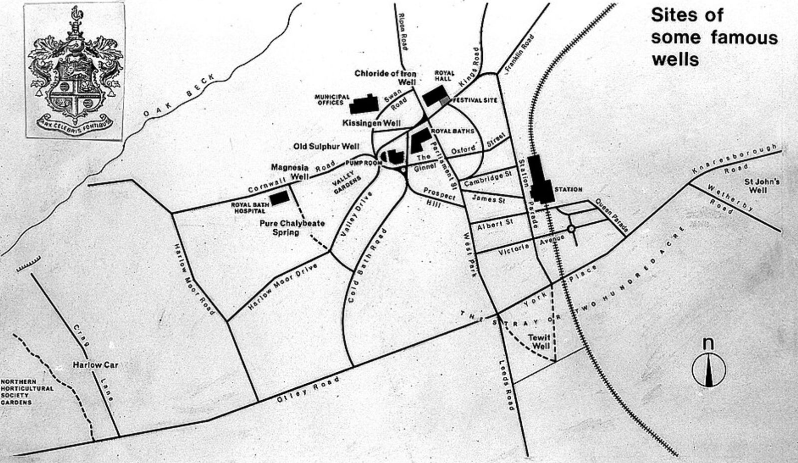 Old map showing the sites of famous wells in Harrogate